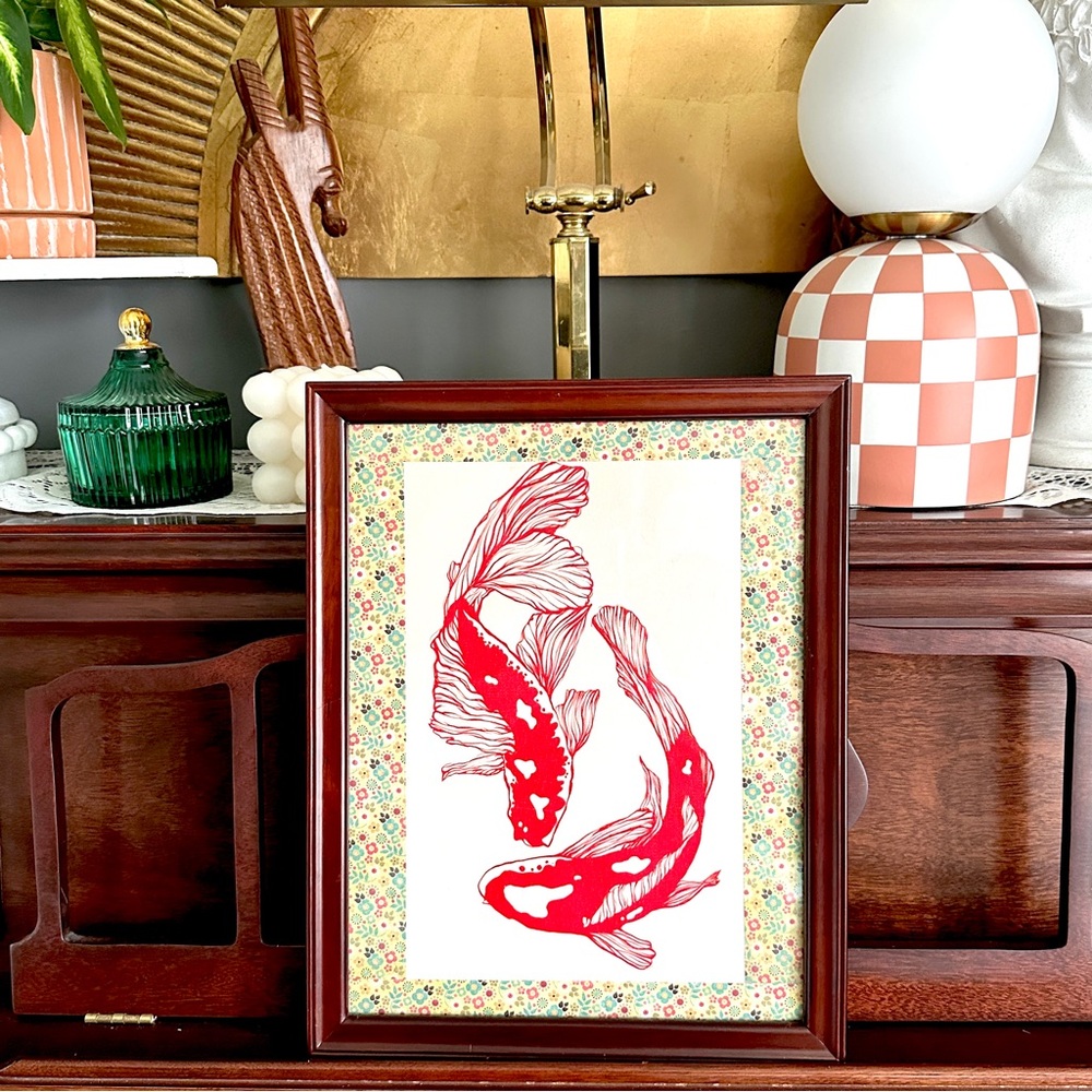 Red Koi Fish Canvas Art Print Floral Border Cherry Wood Framed Asian Wall Art